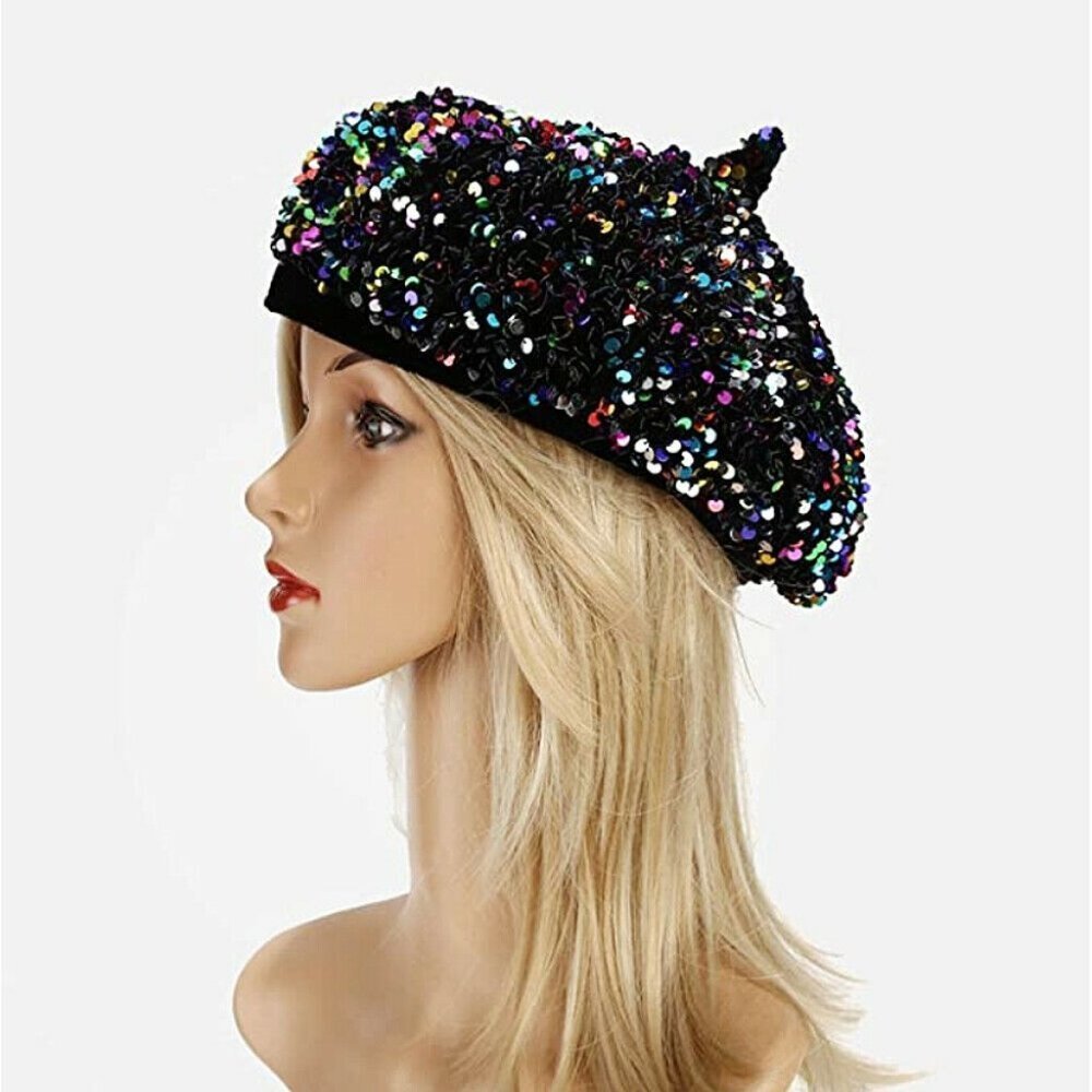Women Artist Beret Sparkle Bling Shiny Sequins Casual Hat French Beanie …